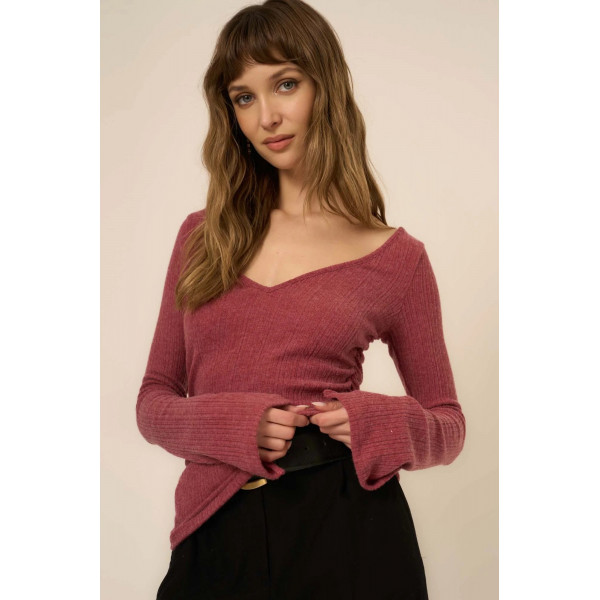 Pixel Ruched Side Brushed Rib V-Neck