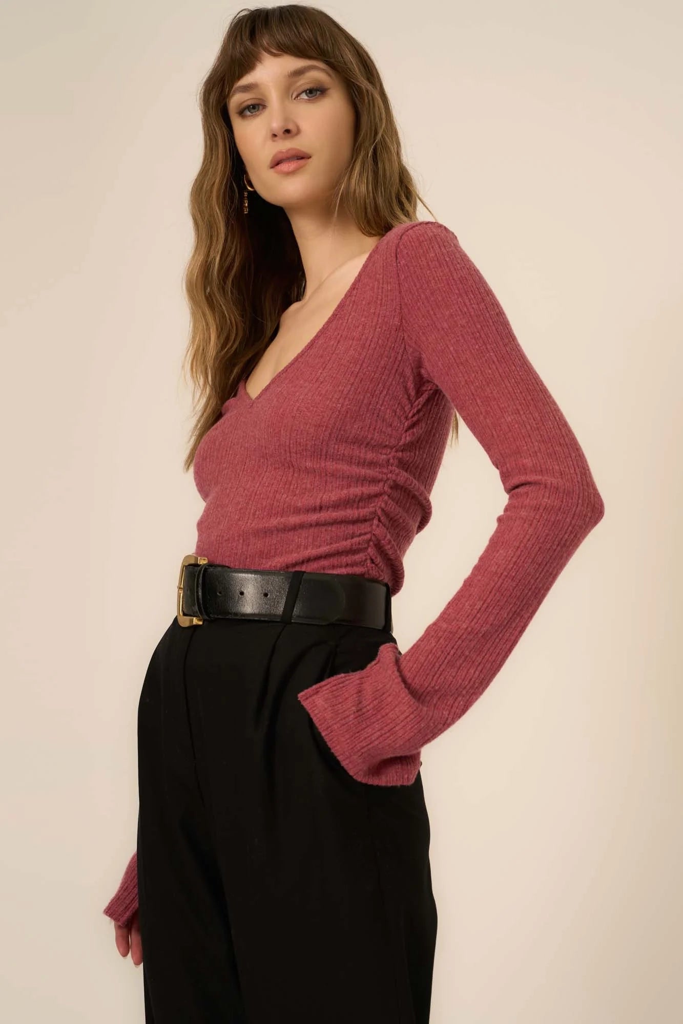 Pixel Ruched Side Brushed Rib V-Neck